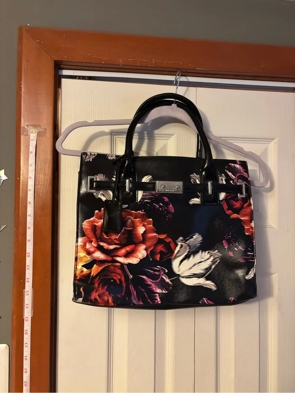 Nine West Floral Black Tote Handbag with Red & White Rose Print